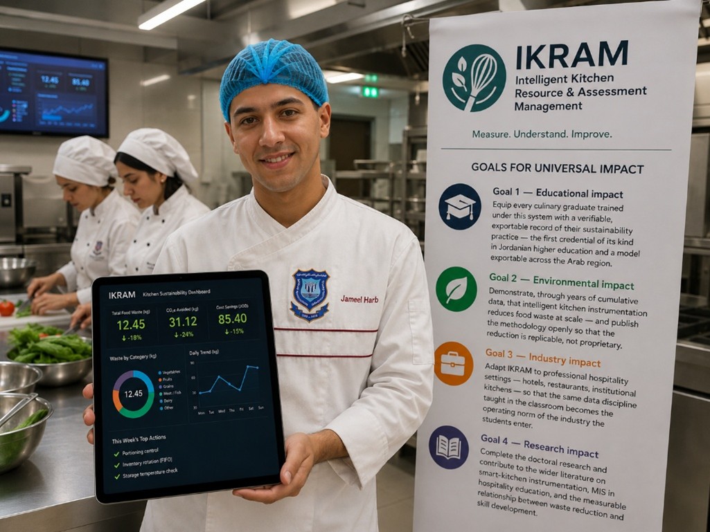 Student holding IKRAM tablet with goals banner