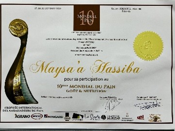 Mondial du Pain participation certificate — Maysaa Hassiba